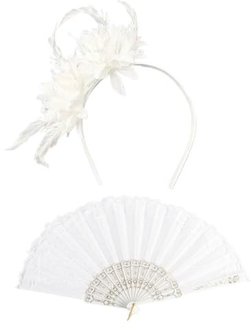 CWPFVQA 1 Bandeau en Plumes, 1 Éventail À Main en Dentelle, Bandeau De Mariage, Bandeau De Bal Décoratif, Bandeau À Fleurs Blanches, Accessoires pour Cheveux pour Femmes