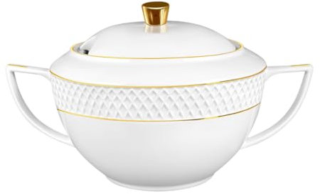 Wilmax - Suppenterrine mit Deckel - 2800ml - Vase aus Porzellan mit Goldmuster - weiß - Hitzebeständige Terrine - Servierterrine für Suppe oder One-Pot Gerichte