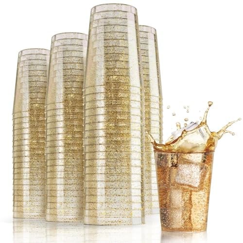 KOOSREEL Plastic Cups, 50 Pack 285ml/10oz Plastic Party Cups with Gold Glitter Reusable Plastic Glasses, Tumblers, Gold Cups for Drinks, Cocktail, Dessert, Wedding, Parties,Christmas