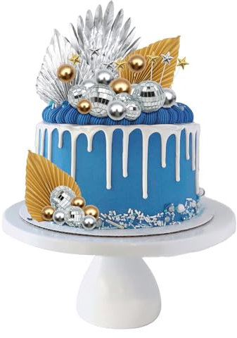 41 Pcs Cake Decorations Set, VEGCOO Sliver Gold Disco Balls Cake Toppers Stars Foam Balls Palm Leaves Cake Toppers, 70s Party Supplies DIY Cake Decorations for Birthday Wedding Rock Theme Party Decor