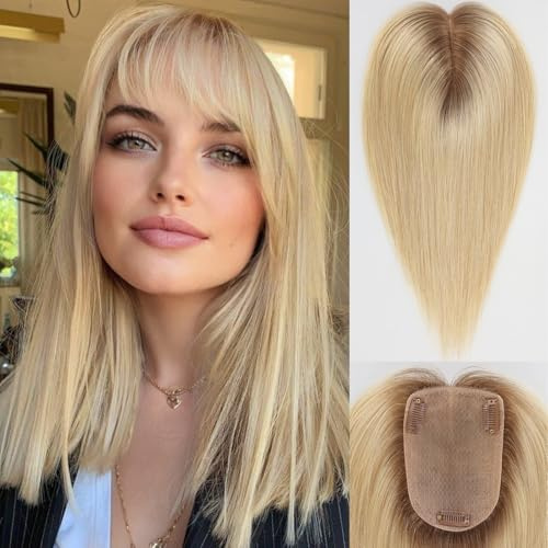 HAIRCUBE menschliches Haar Toppers für Frauen Echtes menschliches Haar mit Bangs 4 * 5,5 Zoll Basis 12 Zoll Ombre Light Blonde HairTopper für Frauen mit verdünnender Haarabdeckung Graue Wurzeln