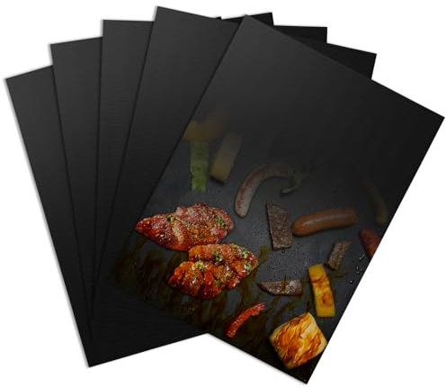 Set de 5 Tapis de Cuisson BBQ 40x30 cm, Feuille de Cuisson Reutilisable, Résistants à la Chaleur et Découpables, Feuille de Cuisson Permanente pour Barbecue à Gaz, Barbecue à Charbon et Four