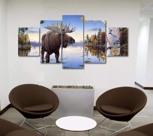 Tier Elch 5 Teilig Leinwandbilder Bild Auf Leinwand Wandbild Kunstdruck Wanddeko Wand Wohnzimmer For Home Office Modern Decoration | Mit Rahmen 200X100Cm |-283938526485