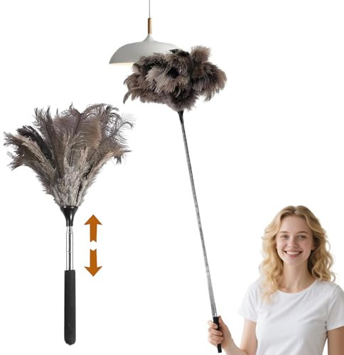 Teleskop Staubwedel Straußenfedern – Ausziehbarer Staubwedel mit Antistatischer Mikrofaser, Längenverstellbar & Waschbar für Deckenventilator, Hochflächen, Möbel und Elektronik