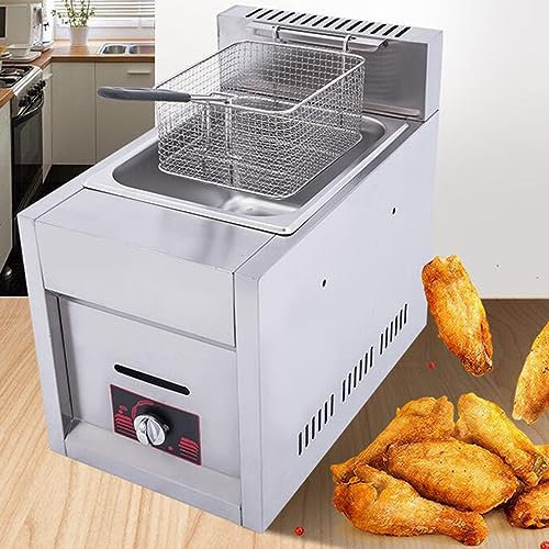 WOTZOV Freidora de Gas Comercial, de Acero Inoxidable de 10/20 l con Cesta y Tapa, Calentamiento rápido, freidora de Aceite de encimera para Restaurante, hogar, Pollo Frito，Singlecylinder