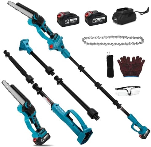 Motosega a batteria con 2 batterie da 4,0 Ah, 2 in 1, mini motosega da 8 pollici, senza spazzole con asta di prolunga da 2 m, allungabile fino a 4,5 m, per potatura del giardino