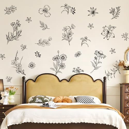 Tanlaby 33 Stück Sticker Blumen Wandtattoo DIY Aufkleber Wildblume Wandsticker Minimalismus Wandaufkleber Wohnzimmer Wohnzimmer Sofa Hintergrund Wandbild Deko (9 Blätter)