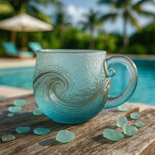 Wellenbecher Aus Seeglas, 350Ml Oceans Wave Glass Tasse, Mundgeblasener Kaffeegläser Mit Meereswellenmotiv, Einzigartige Kaffeetasse, für Tee, Kaffee, Cocktails, Strandliebhaber