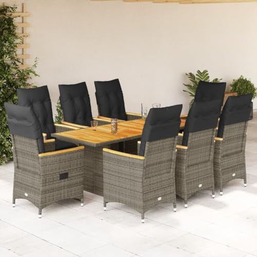 Tonture 9-TLG. Garten-Essgruppe mit Kissen, Grau Poly Rattan, verstellbare Relaxsessel, Akazienholz Tischplatte, Outdoor Möbel Set für Terrasse & Balkon