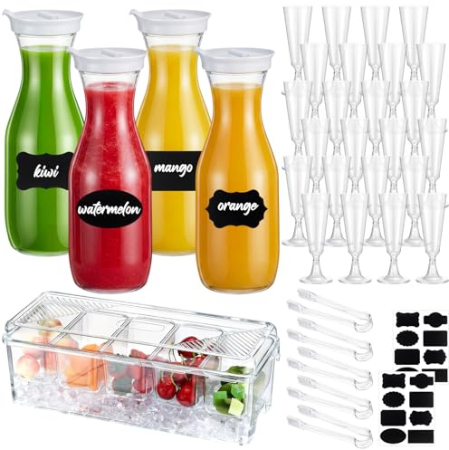 Hushee 36 Pcs Mimosa Bar Supplies, 34 oz Plastic Carafe Juice Bottle with Lids, Clear Champagne Flutes for Drinks, Ice Chilled Condiment Caddy with Serving Tongs Chalkboard Stickers for Water Milk Tea
