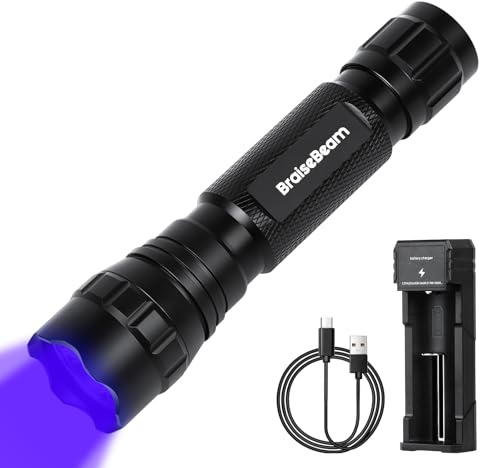 BraiseBeam UV Taschenlampe 365nm LED, Schwarzlicht mit USB Ladegerät, Zoombar & IP65 Wasserdicht, Starkes UV Licht Detektor für Bernstein, Haustierurin, Harz & Mineralien