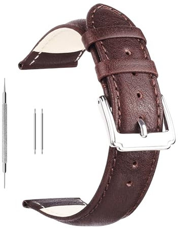 Berfine Ersatz-Uhrenarmband aus Kalbsleder, extra weiches Uhrenarmband für Herren und Frauen, Schwarz und Braun, 18/20/22 mm, dunkelbraun, 18 mm