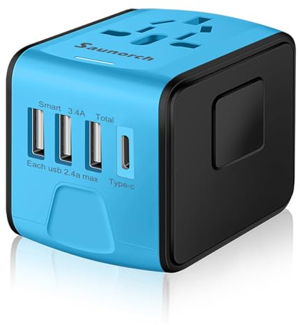 SAUNORCH Travel Adapter Worldwide, Universal International Power Plug Adapter W/2.4A 3xUSB-A and 3.0A Type-C Wall Charger, European Travel Plug Adapter for Europe UK EU US CA AU Italy Asia-Blue