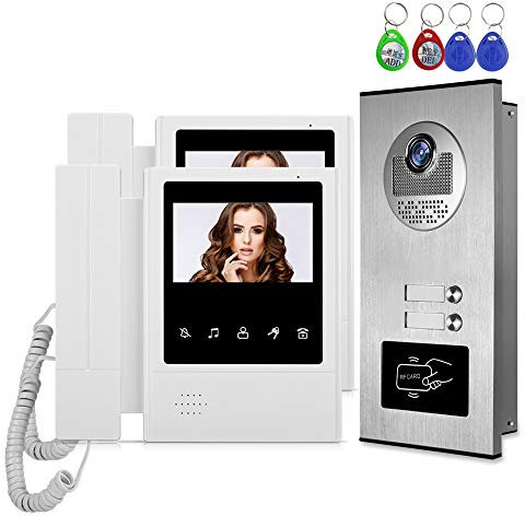 HFeng Caméra RFID de 4,3 '' interphone vidéo Couleur + 2 moniteurs pour 2 Appartements/familles, 700TVL, Déverrouillage des clés RFID, Vision Nocturne
