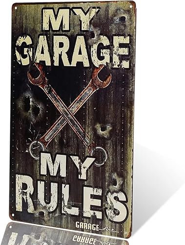 yunuo --My Garage – My Rules Schild im Vintage-Stil aus 24 Garagen Metall mit rostigen Ecken für den Vintage-Schild-Look.