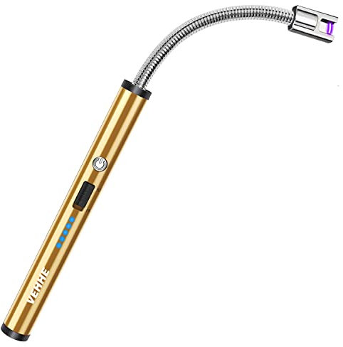 VEHHE Electric Candle Lighter, USB Rechargeable Arc Lighter with Battery Display LED Long Flexible 360º Windproof for Kitchen, Barbecue, Gas Stove Candle, Camping, Gold