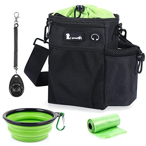 pecute Futterbeutel Hund mit 4 in 1, Leckerlibeutel für Hunde, wasserdichte Snack-Tasche mit Poop Bag Holder, Verstellbarem Schultergurt Taillengütel und Clip, mit Faltbarer Wasserschale (Schwarz)…