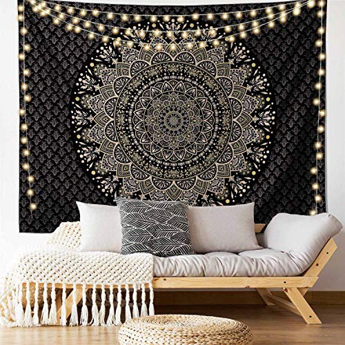 Edeesky Tapiz de mandala negro dorado para colgar en la pared, medallón psicodélico, tapiz de pared, estético indio, hippie, decoración de pared, arte de pared bohemio, decoración del hogar para