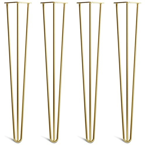 [HLC] 4 x Heavy Duty Hairpin Legs – Double Weld Construction - Free Screws, Build Guide & Protector Feet Included – 12mm Steel [28/71cm, 3 Rod, Gold]