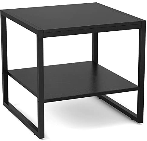Homieasy End Table, 20 Inch Square End Table, Mini Fridge Stand with 2-Tier Storage Shelves, Industrial Wood Side Tables for Living Room, Black