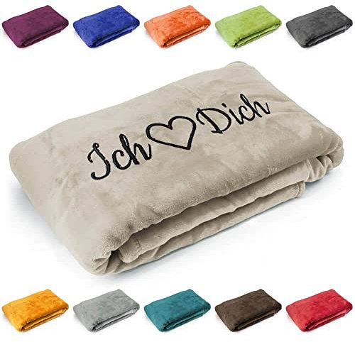 Kuscheldecke 'Ich Liebe Dich', Geschenk zu Valentinstag, Geburtstag, Hochzeitstag, hochwertig Bestickt, 200cm x 150cm extra weiche und gemütliche Sofadecke/Wohndecke, hochwertiges Fleece (Taupe)