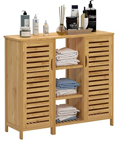 DlandHome 2-in-1Wohnzimmerschrank aus Bambus, Säulenschrank und Schrank, Küchenschrank mit offenen Regalen und Tür, für Esszimmer, Wohnzimmer, Küche, Flur, Homeoffice