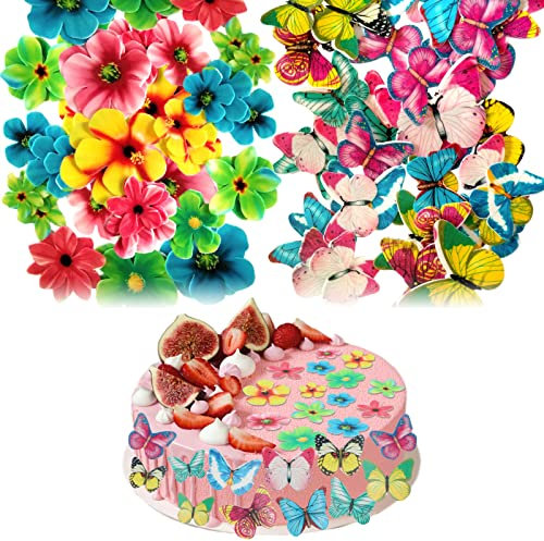 VEGCOO 75 Stück Tortendeko, 40 Essbare Schmetterlings Kuchen Deckel+35 Essbare Blüten, Essbare Tortendeko, Cupcake Deko Tortendeko Geburtstag für Partybedarf, Geburtstag, Hochzeit, Baby Dusche