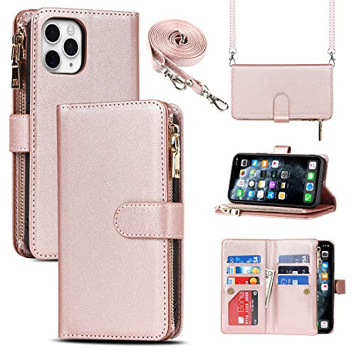 CAVOR Handykette Handyhülle kompatibel mit iPhone 11 Pro Hülle Mit Band,Flip Leder Geldbörse Hülle Mit Kette,[9 Kartenfach][Doppelte Schnalle],Umhängeband Klapphülle Handytasche - Roségold