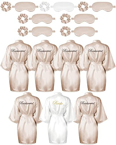 Jecery 7-teiliges Brautjungfern-Bademantel-Set, Seidensatin, Bademäntel mit Schlafmaske und elastischem Stirnband, Weiß, Champagner, Einheitsgröße