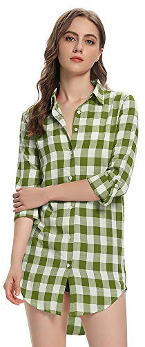 Femme Chemise Plaid Casual Chemisier à Carreaux Flanelle Tunique Manches Longues Blouse Top Vert L