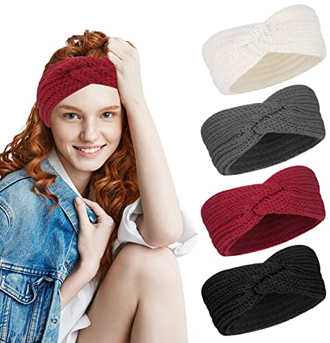 AKlamater 4 Stück Winter Strick Stirnbänder Frauen Twist Thermo Gestrickte Stirnbänder Winter Ohrwärmer Häkeln Haarband Kopfwickel für Outdoor-Aktivitäten oder Alltag
