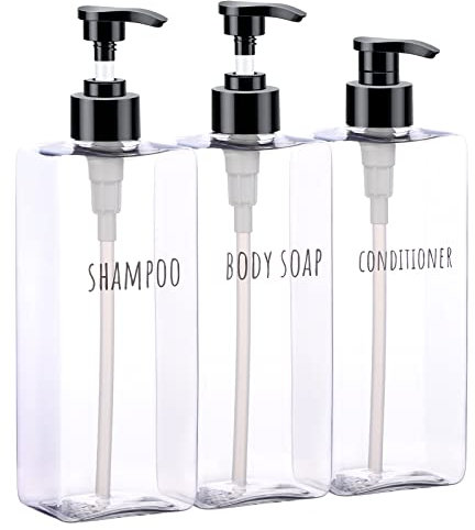 Segbeauty Dispenser Trasparente con Etichetta, 3 Pezzi 500ml Flacone di Shampoo Condizionatore, Ricaricabile Dosatori per Sapone Liquido, Distributore Quadrato, per Bagno