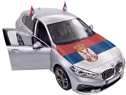 Auto Fahnen Serbien Set - Motorhauben Fahne & 2 Autofahnen für Fenster, Fußball Fanartikel FZG für EM & WM, Serbische Flagge Deko Set