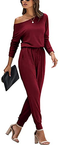 PCEAIIH Women's One Piece Jumpsuit Casual Loose Off Shoulder Long Sleeve Elastic Waist Stretchy Romper with Pockets S Wine Red