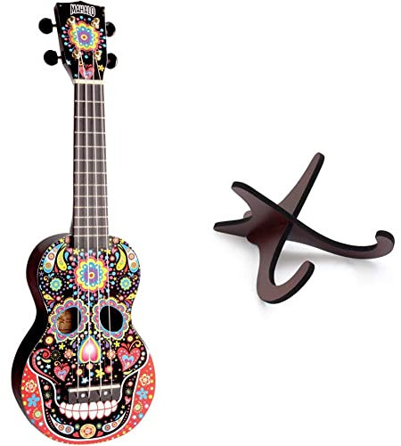 Mahalo Ukulele MA1SKBK Sopran Mexikanischer Schädel & TIGER XFrame Ständer aus Holz für Ukulele, Mandoline, Banjo und Violine Zerlegbar