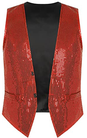 ranrann Herren Pailletten Weste Ärmellos Jacke Mantel Anzugweste Erwachsene Disco Tanz Silvester Fasching Karneval Kostüm Rot XXL