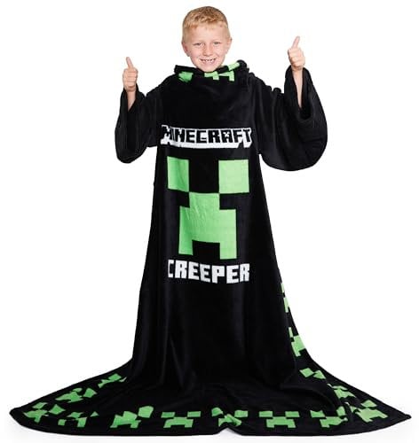 Minecraft Decke mit Ärmeln für Jungen - Decke zum Anziehen für Kinder und Teenager - Onesize Decke mit Ärmel (Schwarz)