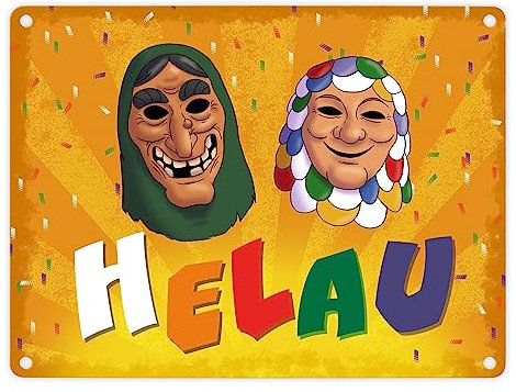 Helau Mainzer Fastnacht Metallschild in 15x20 cm mit Kostümmasken als Dekoration, um fünfte Jahreszeit in Köln, Mainz und Fasching einzuleiten und Narren und Jecken Alkohol Umzug Kostüm