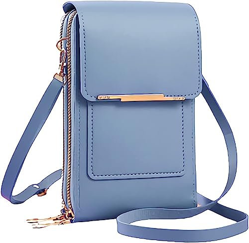 matago Sacoche en cuir antivol - Petit sac à bandoulière léger en similicuir pour téléphone portable, pour femmes, avec fenêtre pour écran tactile (Bleu)