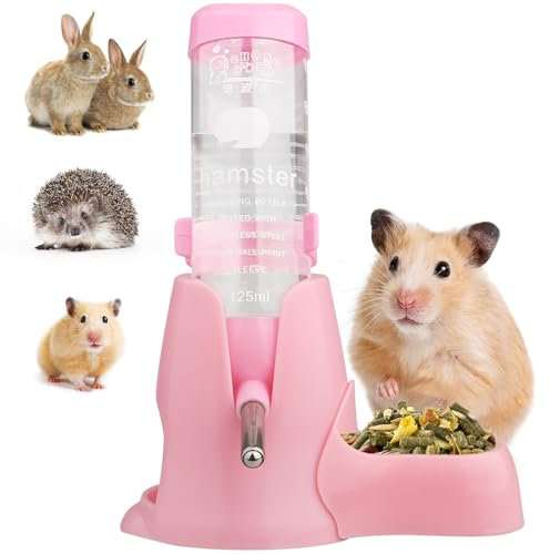 Diyife Hamster Trinkflasche, [125ML] Haustier Wasserflasche Kein Wasseraustritt, Automatischen Wassertrinken Spender + Futternapf + Bodenhöhle 3-in-1 für Häschen, Chinchilla, Igel, Eichhörnchen - Rosa