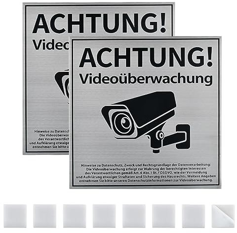 TIMESETL 2er Schild Videoüberwachung 15x15cm Aluminium Achtung Videoüberwachung Schild, 3mm Kameraüberwachungsschilder Überwachungsschilder Kameraüberwachung Warnschild mit 8 Aufklebern