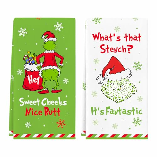 Funny Christmas Kitchen Towels, 2 Pack Holiday Collection Dish Towels, Super Absorbent Waffle Weave Hand Towels, Cute Christmas Kitchen Decorations, Novelty Xmas Gifts for Women Men (Stench)