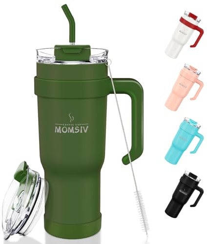 MOMSIV 40oz Tumbler with Handle and Straw, Large Capacity 1100ml Stainless Steel Leakproof Coffee Cup, Insulated Vacuum Double Wall Travel Mug Water Bottle for Hot and Cold Iced Drink
