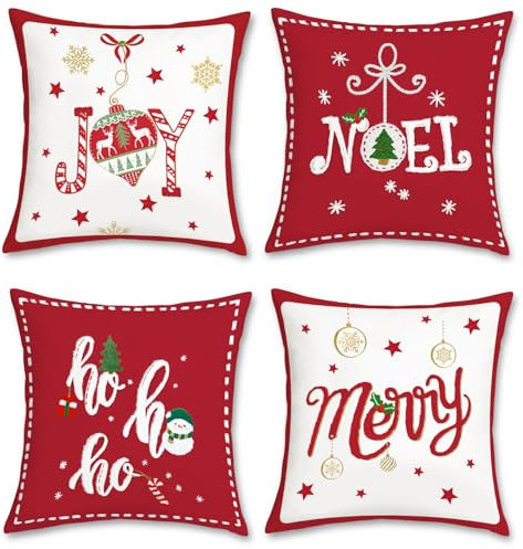 Bonhause 4er Set Kissenbezüge Weihnachten Rot 45 x 45 cm Xmas Hoho Joy Samt Soft Dekorative Kissenhülle Zierkissenbezüge für Sofa Schlafzimmer Zuhause Xmas Feiertag Dekoration