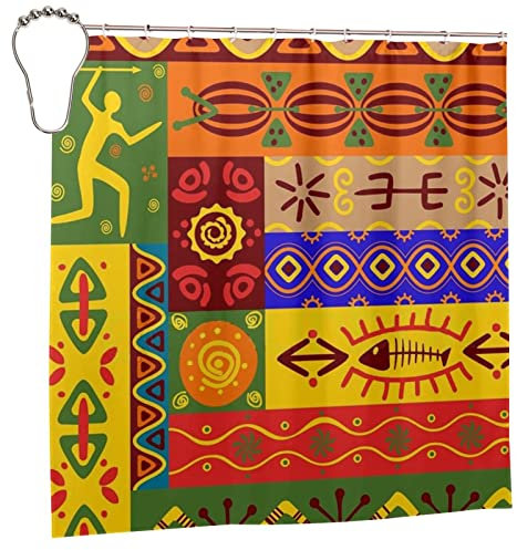 FJAUOQ Rideau de douche à motifs nationaux africains (183 x 183 cm), rideau de douche décoratif de salle de bain, rideau de douche imperméable avec 12 crochets