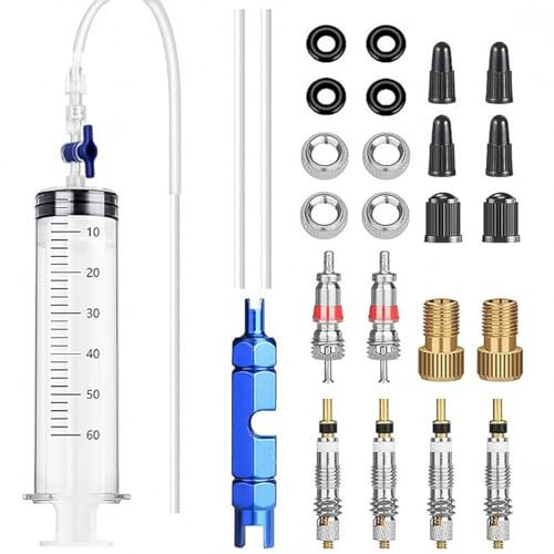 ANCLLO Tubeless-Ventil-Set, Werkzeug zum Entfernen des Ventilkerns, Fahrrad-Vakuum-Reifen-Reparatur-Flüssigkeitseinspritzwerkzeug, 60 ml Fahrrad-Ventiladapter, 26 Stück