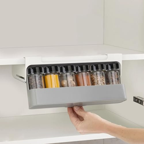 Gewürzregal mit 6er Gewürzgläser, Under-shelf Spice Rack, Küchen zubehör, Gewürzregal ausziehbar, Gewürz Organizer für Regaldicke bis 1,8 cm, Schubladen Gewürz Ohne Bohren, Schrank, Grau und Weiß