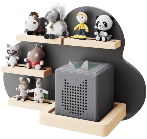 KD Essentials – Tonie-Regal, Display für Lautsprecher und Figuren (Kinderzimmer-Wandregal aus FSC-Holz, hält eine Toniebox und viele Tonie-Figuren mit Magnethalterungen, schönes Wolkendesign, grau)