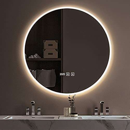 PRUJOY LED-Spiegel, Anti-Beschlag-Spiegel, mit 3000 K-6000 K dimmbar, beleuchteter Spiegel mit Smart-Touch-Taste, Zeit- und Temperaturanzeige (60cm/24in)