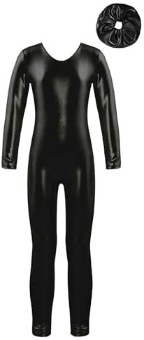 Yeahdor Mädchen Metallic Turnanzug Langarm Eiskunstlauf Body Ganzkörperanzug Jumpsuit Gymnastikanzug Akrobatik Ballettkleidung D Schwarz J 158-164
